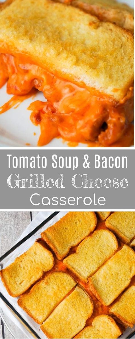 Tomato Soup & Bacon Grilled Cheese Casserole is an easy lunch or dinner recipe the whole family will love. This easy casserole is loaded with shredded cheddar cheese, real bacon bits and condensed tomato soup, all sandwiched between two layers of bread. Grilled Cheese Casserole, Soup Bacon, Bacon Grilled Cheese, Shredded Cheddar Cheese, Grilled Cheese Recipes, Cheese Casserole, Easy Lunch, Easy Casserole Recipes, Bacon Bits