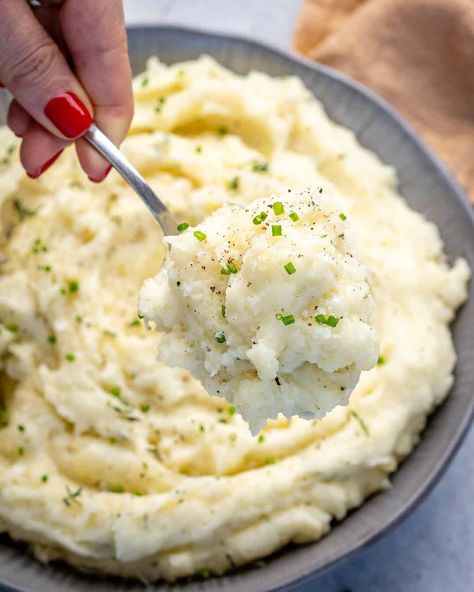 Creamy and Healthy Mashed Potatoes Recipe | Healthy Fitness Meals Healthier Mashed Potatoes, Low Sodium Mashed Potatoes, Low Sodium Mashed Potatoes Recipe, Mashed Potatoes Recipe With Milk, Amazing Mashed Potatoes, Breakfast Plating, Mashed Potatoes From Scratch, Healthy Mashed Potatoes, The Salty Marshmallow