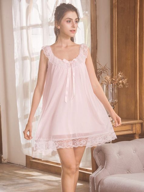 Free Returns ✓ Free Shipping On Orders $49+ ✓. Bow Front Lace Trim Night Dress- Nightgowns & Sleepshirts at SHEIN. Sleeping Dress, Night Dress For Women, Women's Nightgowns, Pretty Lingerie, Ruffle Hem Dress, Nightgowns, Lace Ruffle, Lace Panelled, Shein Style