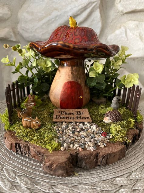 Fairy house surrounded by the life of the woods. Measures approximately 10x10x7". Fairy House Centerpiece, House Diorama, Fairy Lantern, Cottagecore House, Fairy Garden Doors, Yard Furniture, Fairy Lanterns, Fairy Village, Fairy Garden Party