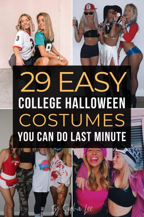 obsessed with these last minute college halloween costumes! they are honestly so easy to recreate and put together quickly!! saving this High School Halloween Costumes, Quick N Easy Halloween Costumes, Easy Last Minute Costumes, Costumes Faciles, Last Minute Kostüm, School Halloween Costumes, Halloween Costumes Women Creative, Easy College Halloween Costumes