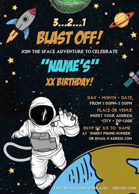 Free Free Astronaut Birthday Invitation Templates For Word So, your little one is asking for an outer space themed birthday party, but you don’t know where to start in the planning or designing the invitation card. No worries, we’ve got you covered. Check out... Outer Space Party Invitations, Space Theme Party Invitations, Astronaut Theme Invitation, Astronaut Party Invitations, Space Theme Birthday Invitation Card, Space Themed Birthday Invite, Astronaut Birthday Invitation Card, Space Themed Birthday Invitations, Space Themed Birthday Party Invitations