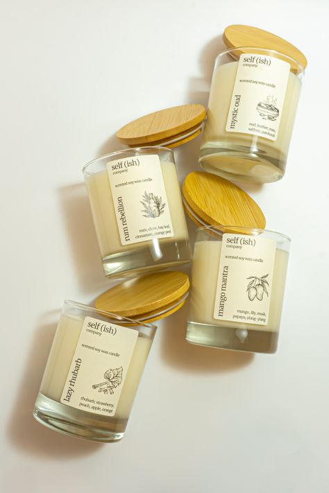 Scented Candles By Self (ish) Company Candles Project, Bohemian Candle, Candle Packaging Design, Bamboo Candle, Candle Labels Design, Candle Lid, Candle Projects, Labels Design, Scented Candles Luxury