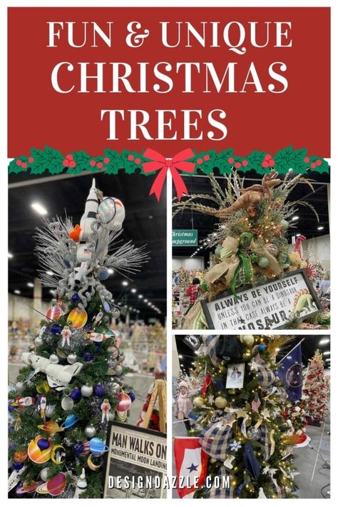 Fun and unique Christmas tree ideas. Unique Tree Decorating Ideas, Work Christmas Tree Themes, Christmas Tree Contest Ideas, Funny Christmas Tree Ideas, Theme Christmas Tree Ideas, Work Christmas Tree, Unique Christmas Tree Ideas, Unique Christmas Trees Themes, Dinosaur Christmas Tree