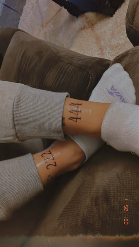 Angel Numbers Wrist Tattoo, 444 Tattoo On Leg, Angel Number Leg Tattoo, Leg Number Tattoo, 444 Ankle Tattoo, Ankle Number Tattoo, Angel Number Tattoo Ankle, Words Above Knee Tattoos Women, 444 Angel Numbers Tattoo