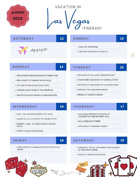 A one week itinerary for a vacation in las vegas Vegas Itinerary, Las Vegas Trip Planning, Vegas Trip Planning, Las Vegas Itinerary, Bellagio Conservatory, Gondola Boat, One Week Itinerary, Mirage Hotel, Venetian Hotel