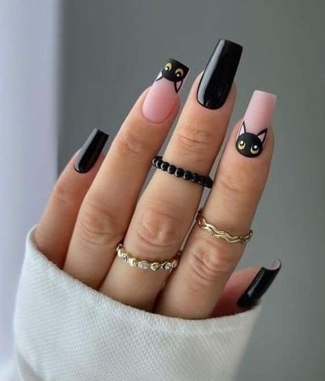 Cat Nail Designs, Cat Nail Art, Cat Nails, Popular Nails, Halloween Nail Designs, Pink Nail, Black Cat Halloween, Nail Polishes, Nail Accessories