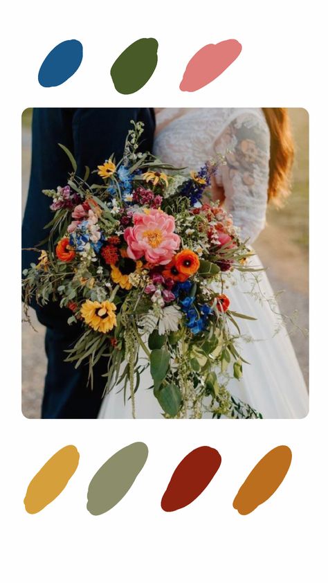 Red And Blue Wedding Theme Color Combos, Bright Bohemian Wedding, Wedding Color September, Multi Color Fall Wedding, Jewel Tone Florals Wedding, Bright Fall Wedding Florals, Red Blue Green Wedding Color Palettes, Teal Wildflower Wedding, Dried Flowers Color Palette