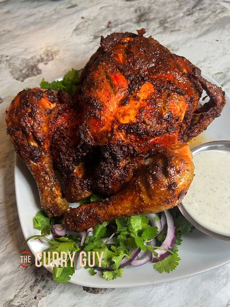 Air Fryer Whole Tandoori Chicken Air Fryer Whole Chicken Recipe, Tandoori Chicken Marinade, Lamb Saag, Air Fryer Whole Chicken, Tandoori Marinade, Indian Bread Recipes, Whole Chicken Recipe, Tandoori Recipes, Actifry Recipes