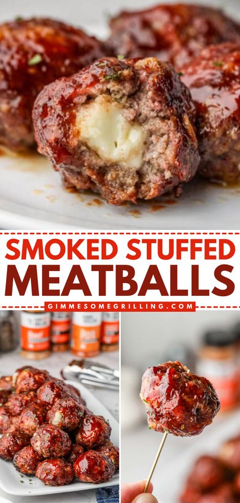 These Smoked Stuffed Meatballs are the best dinner idea for the family! These homemade meatballs are stuffed with mozzarella cheese, smoked on the pellet grill, and finished with BBQ sauce. What an easy recipe for dinner! Keto Smoked Recipes, Smoker Recipes With Ground Beef, Smoker Recipes Snacks, Smoker Football Food, Smoked Bacon Wrapped Meatballs, Turkey In A Smoker, Put Boss Recipes, Traeger Smoked Meatballs, Easy Traeger Dinners