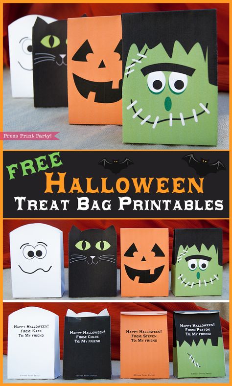 Free Halloween printable treat bags by Press Print Party! Preschool Halloween Treats Bags, Bhg Halloween, Kids Halloween Party Treats, Diy Treat Bags, Popcorn Halloween, Keto Halloween, Marshmallow Halloween, Halloween Treat Bags Diy, Halloween Paper Bags