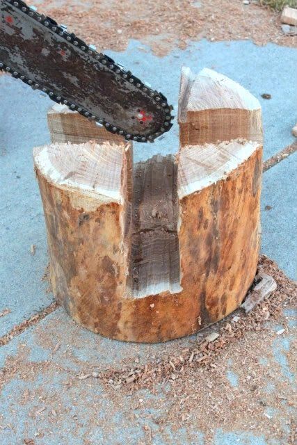 Easy to make a DIY project for a rustic, natural stool made out of a piece of log with a carved out plus sign on the bottom to create legs. This one is made out of birch oak log, which gives it a light tint and a primitive loo Log Bench, Chainsaw Art, Log Projects, Wood Stumps, Log Furniture, Wood Logs, Wood Stool, Tree Stump, Into The Woods