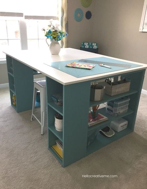 This DIY craft table provides lots of room for crafting and sewing. Get the details here. #DIYcraftroomtable #craftroomtable #sewingtable Diy Craft Table, Office Craft Room Combo, Craft Room Tables, Craft Table Diy, Sewing Room Inspiration, Sewing Room Design, Dream Craft Room, Craft Room Design, Sewing Room Organization