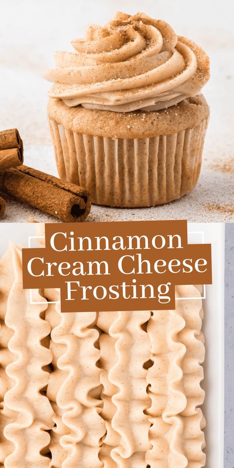 Easy 5 ingredient cinnamon cream cheese frosting upgrades any cake, cupcakes, or sugar cookie bars! Make cinnamon frosting in one bowl in just 5 minutes! Snickerdoodle Frosting, Frosting Tricks, Cinnamon Ganache, Cookie With Frosting, Cinnamon Roll Cupcakes, Cinnamon Frosting, Delish Cakes, Cinnamon Icing, Cinnamon Cream Cheese