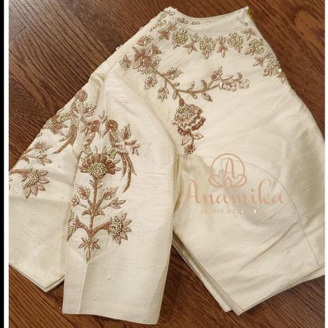 Cream Blouse Embroidery Designs, Off White Work Blouse Designs, Cream Colour Maggam Work Blouse, Cream Blouse Designs For Saree, White Work Blouse Designs, White Blouse Work Designs Latest, Cream Colour Blouse Designs, Cream Blouse Work Design, White Blouse Embroidery Designs