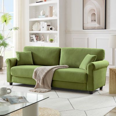 Elegant Design: This elegant sofa is designed to bring extreme comfort and classic style. High-density plush cushions and cozy curved arms make this couch a simple, beautiful luxury. Fabric: Green Velvet | House of Hampton® Bulwell 82.9" Upholstered Sofa Velvet in Green | 32.8 H x 82.9 W x 31.96 D in | Wayfair Light Blue Couch Living Room, Light Blue Couches, London Sofa, Green Couch Living Room, Light Blue Sofa, Blue Velvet Couch, Blue Couch Living Room, Green Leather Sofa, Blue Velvet Sofa