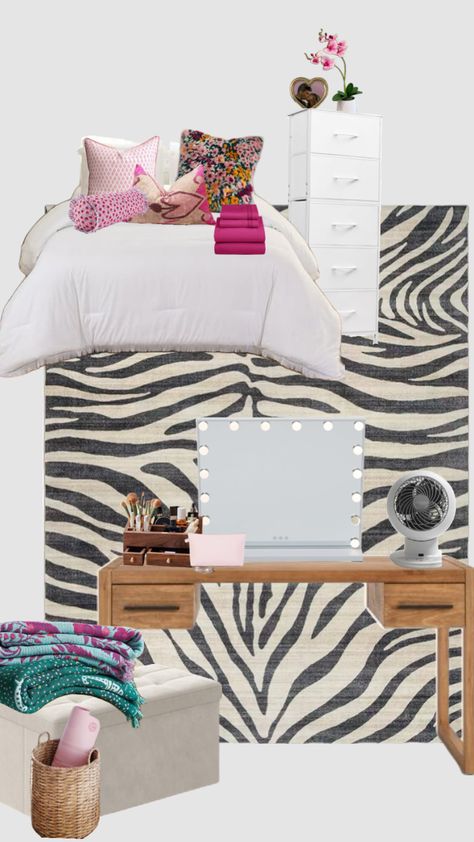 Wallpaper Ideas For Bedroom, Zebra Aesthetic, Zebra Rug, College House, Bedroom Layout, Aesthetic Decor, College Apartment, Bedroom Layouts, New Beds