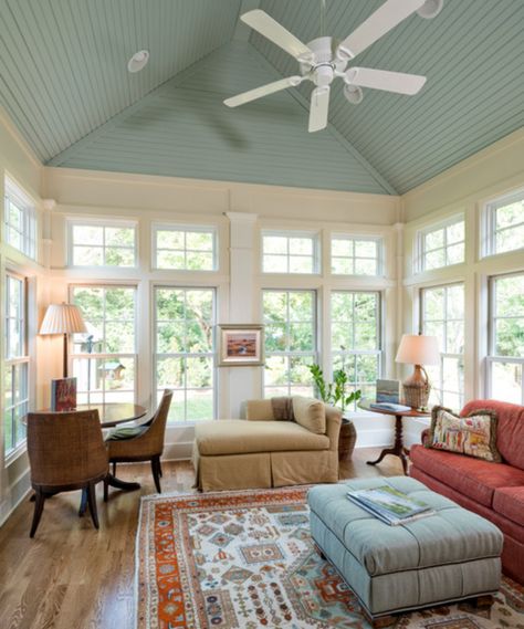 Beadboard Ceiling With Wood Beams, Ceiling Paneling Ideas, Blue Beadboard, Ceiling Paneling, Sunroom Dining Room, Great Room Addition, Vaulted Ceiling Ideas, Sunroom Dining, Paneling Ideas