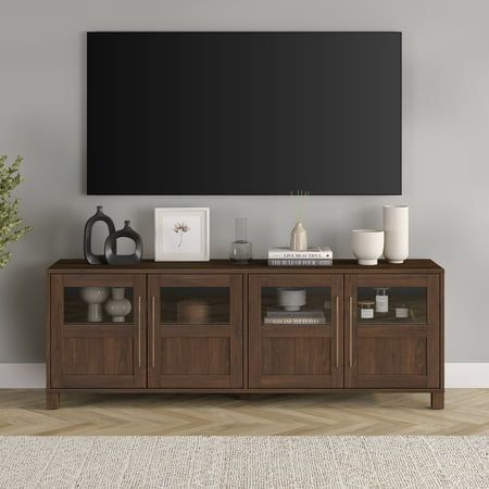 Tv Console Decorating, Tv Stand Decor Living Room, Tv Stand Decor, Entertainment Center Decor, Living Room Tv Stand, Tv Stand Wood, Tv Decor, Modern Tv Stand, Glass Panel