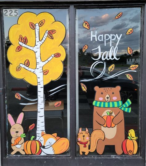 Fall Office Window Decor, Window Fall Paintings, Fall Door Painting Ideas, Fall Painting On Windows, Fall Window Art Classroom, Fall School Window Display, Painted Fall Windows, Fall Themed Window Painting, School Window Painting Ideas