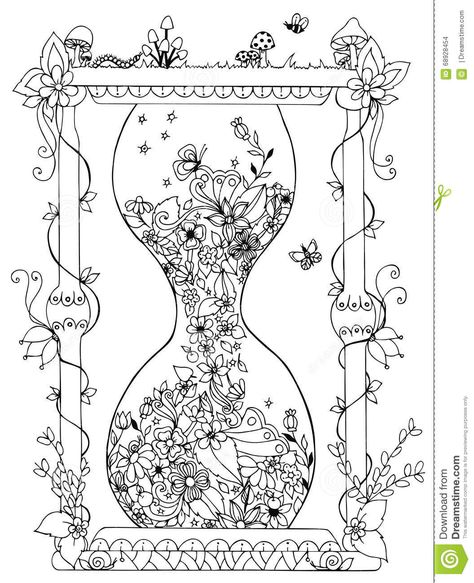 Vector illustration zentangl hourglass with flowers. Time, flowering, spring, doodle, zenart, summer, mushrooms,  nature Adult Colouring Printables, Coloring Page Printable, Adult Colouring Pages, Free Adult Coloring Pages, Colouring Printables, Printable Adult Coloring Pages, Adult Coloring Book Pages, Coloring Pages For Adults, Disney Coloring Pages