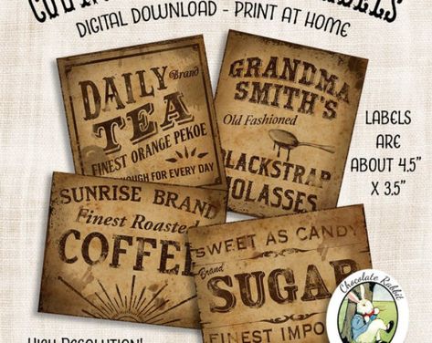 Country Pantry, Vintage Pantry Labels, Primitive Labels, Vintage Pantry, Pantry Jars, Scrapbook Graphics, Tea Labels, Chocolate Rabbit, Kitchen Labels