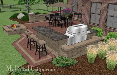 Large Brick Patio Design with Grill Station-Bar | Downloadable Plan – MyPatioDesign.com Fire Pit Layout, Small Patio Design, Brick Paver Patio, Patio Plans, Patio Grande, Patio Layout, Patio Pavers Design, Brick Patio, Outdoor Patio Bar