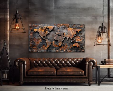 🎁🏡 Thoughtful Home Gift: Gift a touch of wanderlust and style with this world mad canvas art, perfect for those who appreciate rustic industrial design, making their space both stylish and sentimental. Gift for dad.    READY TO HANGCANVAS SIGN    Artwork 423 ✪ Click drop-down menu for Sizes and Pricing! ✪ 👉PLEASE NOTE👈 Colors may be slightly different from how they appear on screen. 👉CANVAS SIGN DETAILS👈 ☑️ The canvas is ready to hang. There is no framing required! ☑️ Our canvas is printed Rustic Wall Art Living Room, Mens Apartment Decor, Living Room Decor Large, Masculine Wall Art, Industrial Artwork, Map Art Gift, Brown Wall Decor, Industrial Wall Decor, Masculine Decor