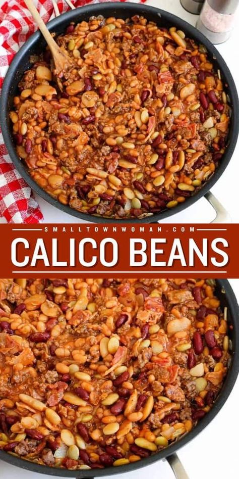 Here's a main dish for dinner that you can cook on the stovetop, in the crockpot, or in the oven! Combined with ground beef and bacon in a sweet tomato sauce that has a touch of yellow mustard, these easy calico beans are so tasty. You can even enjoy them as a simple side dish recipe! Calico Beans Recipe, Ground Beef And Bacon, Sweet Tomato Sauce, Calico Beans, Pinto Bean Soup, Grilled Turkey Burgers, Cowboy Beans, Canned Butter, Easy Main Dishes