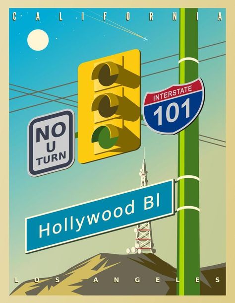 Vintage poster with a yellow traffic light, Hollywood sign, and road signs - No U-Turn, 101 Interstate. Vector illustration in retro style. California, USA Hollywood Images, Road Vector, Characters Inspiration Drawing, Hollywood Sign, U Turn, Communication Design, Traffic Light, Road Signs, Graphic Design Poster