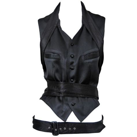 Preowned Jean Paul Gaultier Black Satin Belted Vest ($550) ❤ liked on Polyvore featuring outerwear, vests, black, satin vest, jean-paul gaultier, black vest tuxedo, satin tuxedo vest and black satin vest Vest Tuxedo, Mode Emo, Tuxedo Vest, Fashion Vocabulary, Black Vest, Paul Gaultier, Kpop Fashion Outfits, Jacket Design, Character Outfits