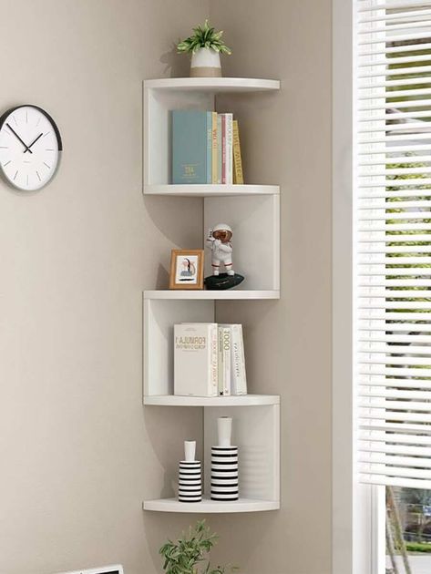 Wall Shelf Corner, Corner Floating Shelves, Wall Mounted Corner Shelves, Space Saving Shelves, Wall Shelf Display, Floating Shelves Wall, Shelf Corner, Room Bookshelf, Floating Corner Shelves