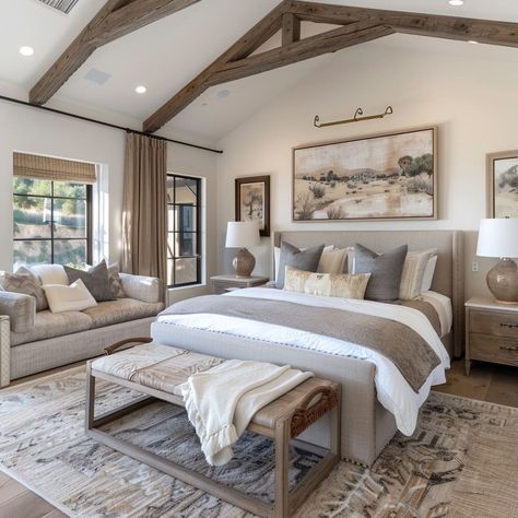 Cottage bedroom with sleek lines and warm, earthy accents Country Living Bedroom Ideas, Country Modern Home Interiors, Rustic Bedroom Paint Ideas, Modern Rustic Master Bed, Modern Cottage Bedroom Ideas, Farmhouse Chic Bedroom Ideas, Rustic Elegant Bedroom, Rustic Master Bedrooms Decor, Master Bed Decor