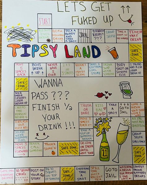 drinking board game diy dice candyland tipsy board game ideas 20 Birthday Games Ideas, Drinks For 18th Birthday Party, Party Games No Drinking, Party Drinking Ideas, 21 Games Drinking, Drink Board Games, Drinking Birthday Games, Cards Against Humanity Drinking Game, 21 Party Games