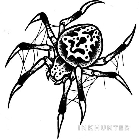 Spider Tattoo Trad, Creepy Traditional Tattoo, Spider Traditional Tattoo, Spider Tattoo Traditional, Old School Tattoo Design Black, Tattoo Old School Black, Black Traditional Tattoo Old School, Traditional Spider Tattoo, Illustration Tattoo Design