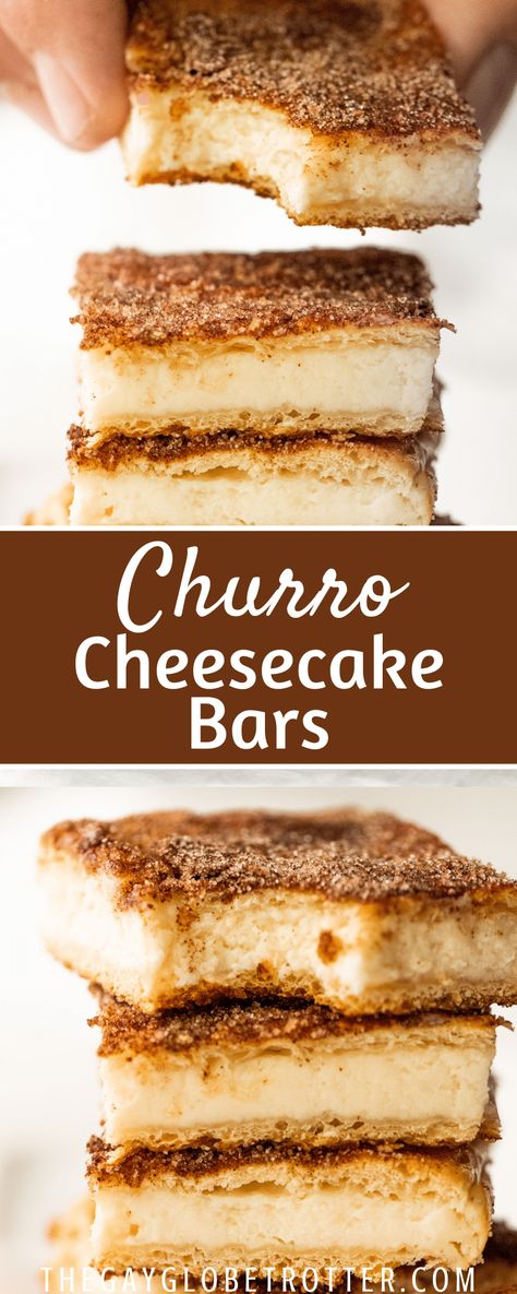 Types Of Cinnamon, Churro Cheesecake Bars, Cinnamon Bars, Cheesecake Bars Easy, Churro Cheesecake, Cheesecake Bar Recipes, Cheesecake Dessert, Mexican Dessert Recipes, Dessert Bar Recipe