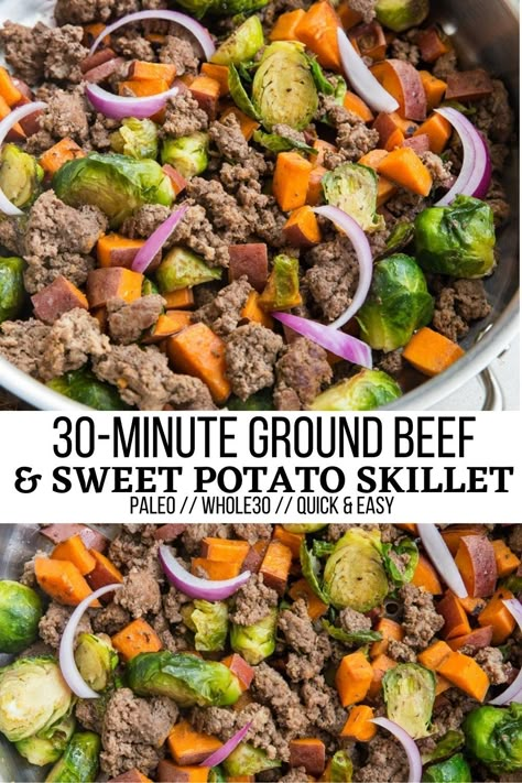 Ground Beef and Sweet Potato Skillet with Brussel Sprouts - The Roasted Root Turkey Brussel Sprouts, Beef And Sweet Potato Skillet, Beef And Sweet Potato, Healthy Skillet Meals, Sprouting Sweet Potatoes, Ground Beef And Broccoli, Nutritious Dinner, Potato Skillet, Sweet Potato Skillet