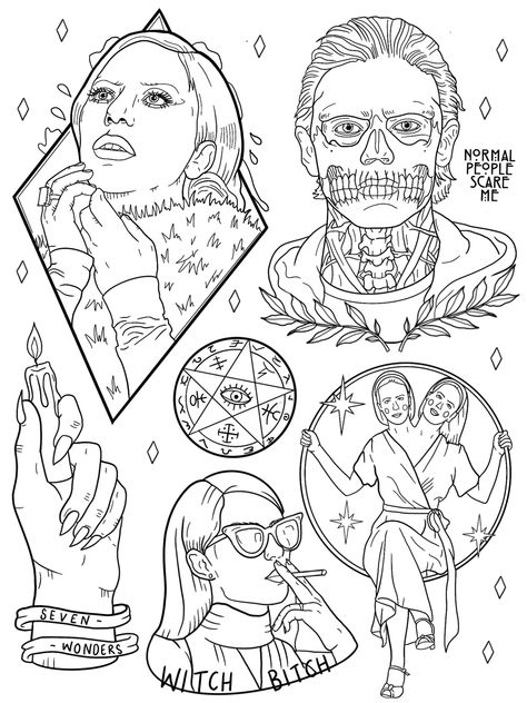 American Horror Story Coloring Pages, American Horror Story Tattoo, Horror Coloring Pages, Story Tattoo, Colouring Pictures, Procreate Tips, Jade West, Creepy Tattoos, Spooky Tattoos