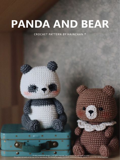 This document provides crochet patterns and instructions for making a panda bear and brown bear. It includes materials needed and step-by-step directions to crochet the ears, head, body, legs, arms, and other pieces for each animal. Diagrams and photos are included to illustrate the sewing process to assemble the finished bears. The patterns yield plush toys that are about 12 cm tall and made of yarn with safety eyes and fiberfill stuffing. Crochet Bear Head Pattern Free, Crochet Bear Head, Crochet Panda Pattern Free, Panda Amigurumi Free Pattern, Brown Bear Crochet, Crochet Panda Pattern, Amigurumi Panda, Teddy Bear Patterns Free, Bear Patterns Free