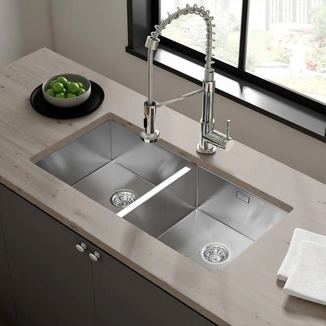 Double Sink Kitchen, Double Bowl Undermount Kitchen Sink, Kitchen Design Countertops, Wood Countertops Kitchen, White Oak Kitchen, Double Kitchen Sink, Modern Kitchen Sinks, Sinks Kitchen Stainless, Kitchen Sink Design