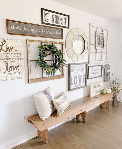 11 Farmhouse Wall Decor Ideas - Nikki's Plate Blog Family Room Wall Decor, Farmhouse Wall Decor Ideas, Farmhouse Gallery Wall, Big Wall Decor, Family Room Walls, Family Wall Decor, Gallery Wall Living Room, Interior Vintage, Entryway Wall