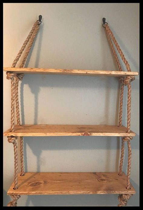 Dorm Shelves, Wood Plank Shelves, Embossed Tile, Dekorere Bad, Diy Hanging Shelves, Hemma Diy, Shelves Wall, Rope Shelves, Rustic Bathrooms