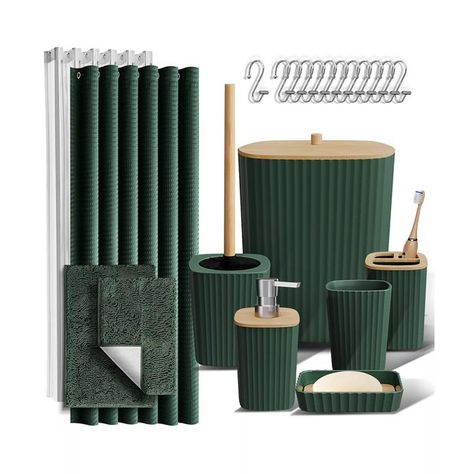 emerald green bathroom accessories set and shower curtain Emerald Green Bathroom, Bamboo Bathroom Accessories, Bathroom Vanity Accessories, Green Bathroom Accessories, Green Bathroom Decor, Black Shower Curtains, Green Shower Curtains, Bamboo Bathroom, Bathroom Accessories Set