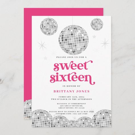 Sweet 16 Disco Invitation, Pink Disco Invitation, Birthday Invitations Sweet 16, Disco Ball Party Decoration, Pink Disco Party Invitation, Pink Disco Ball Party, Disco Ball Sweet 16, Disco And Diamonds Party, 15 Invitations Ideas