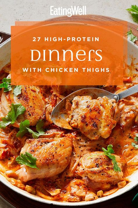 Grab a pack of chicken thighs and make one of these hearty dinner recipes. You can pair these chicken thigh recipes with whole grains, a salad or roasted vegetables for a complete meal. #dinner #dinnerideas #supperideas #dinnerrecipes #healthydinnerideas #healthydinnerrecipes #healthyrecipes Dinners With Chicken Thighs, Dinner Recipes With Chicken Thighs, Chicken Thigh Fillet Recipes, Dinners With Chicken, Recipes With Chicken Thighs, High Protein Recipes Dinner, Chicken Thighs Dinner, Healthy Chicken Thigh Recipes, Low Fat Chicken