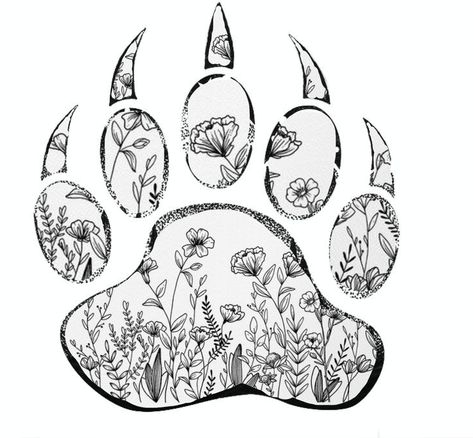 My own design and next tattoo of a bear paw with wildflowers. Bear Clan Tattoo, Bear Claws Tattoo, Bear Paws Tattoo, Grizzly Bear Outline Tattoo, Tiny California Tattoo, Brown Bear Tattoo For Women, Female Bear Tattoo, Bear Memorial Tattoo, Bear Paw Tattoos For Women