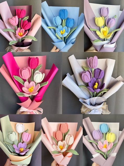 Crochet Tulip Bouquets: A Unique Gift for Any Occasion Crochet Flower Bouquet Mothers Day, Crochet Wedding Gifts, Crochet Mothers Day, Diy Crochet Flowers Tutorial, Flor Crochet, Diy Bouquet Wrap, Crochet Heart Pattern, Crochet Bouquet, Flower Gift Ideas