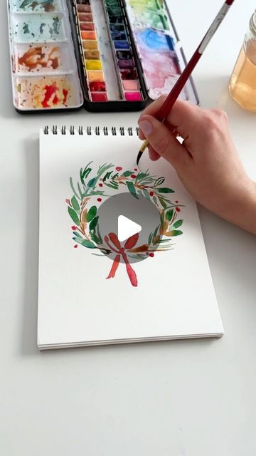 Anna Koliadych on Instagram: "Merry Christmas ❤️🎄. Sending love to you 🥰. Here is a cute and simple way to paint a Christmas wreath. #watercolor #christmasdecor #christmascard #watercolor" Christmas Wreath Drawing, Somewhere In My Memory, Christmas Wreath Watercolor, Watercolor Christmas Wreath, Watercolor Supplies, Water Paint, Watercolor Wreath, Wreath Drawing, Small Wreaths