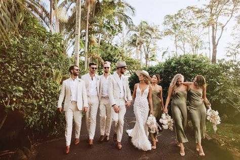 Tan Suits And Green Dresses, Different Shades Of Green Groomsmen, Olive Green Bridesmaid Dress With Groomsmen, Beige Groomsmen Suits Bridesmaid Dresses, Wedding Party Olive Green, Olive Green Wedding Groomsmen, Tan And Green Wedding Colors, Sage Green White And Beige Wedding, Olive Green Beach Wedding