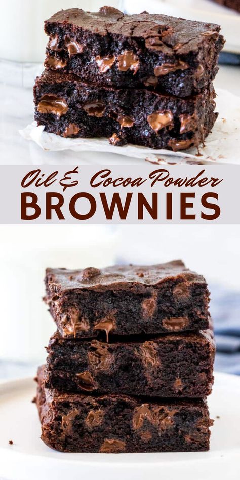 Brownie Recipe With Oil, Box Mix Brownies, Brownie Recipe With Cocoa, Brownies Chewy, Chewy Brownies Recipe, Cocoa Powder Brownies, One Bowl Brownies, Cocoa Powder Recipes, Brownies Recipes